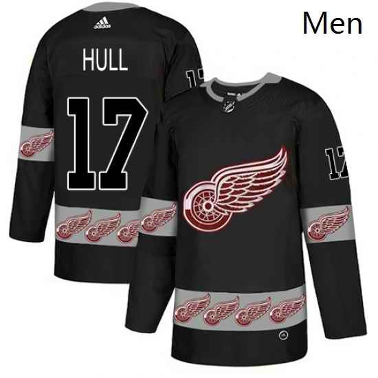 Mens Adidas Detroit Red Wings 17 Brett Hull Authentic Black Team Logo Fashion NHL Jersey